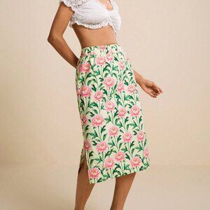Green Boho Women's Floral Print Skirt with Side Slit